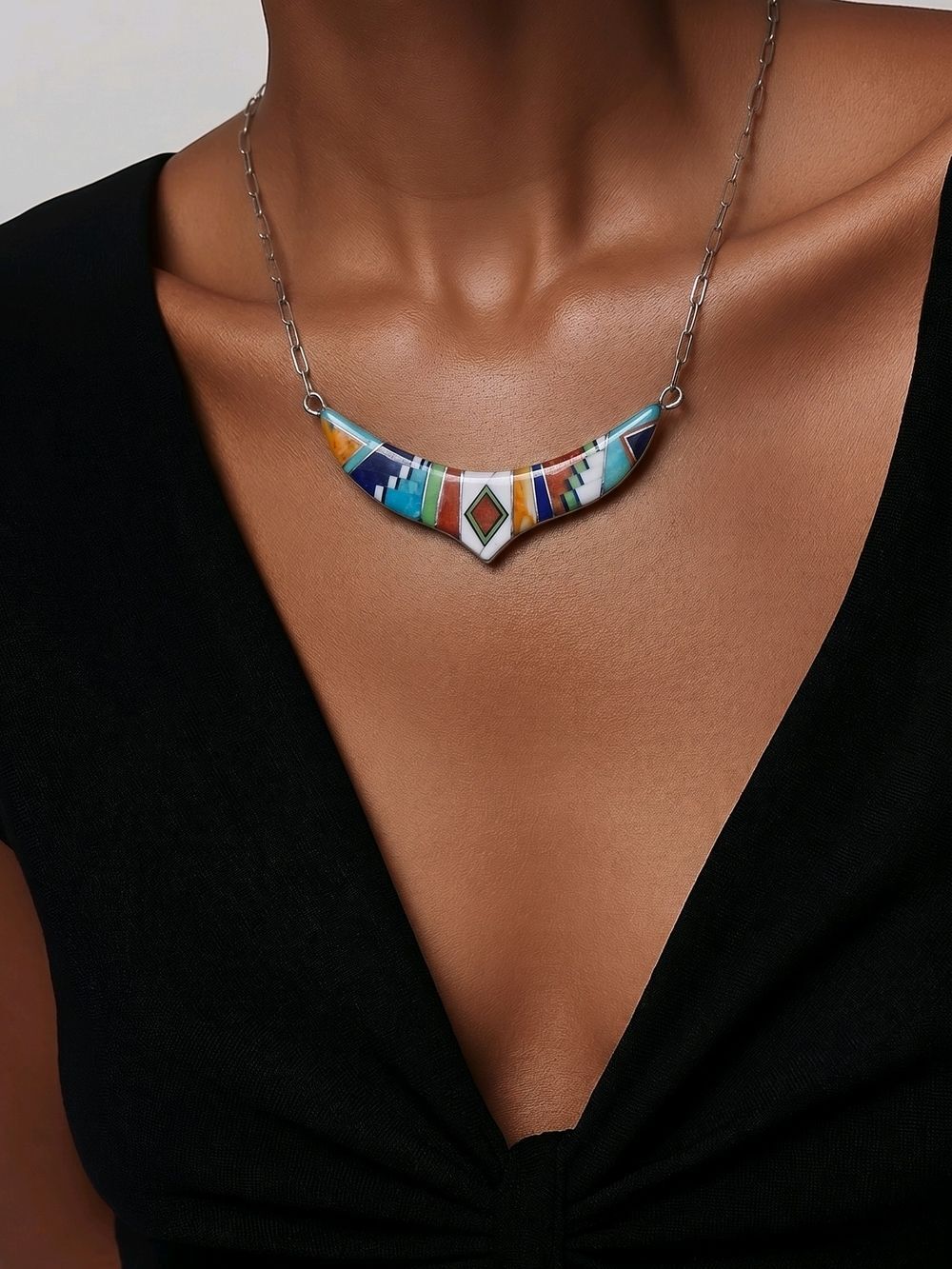 SJ Sterling Silver Multicolor Geometric Inlay Crescent Necklace